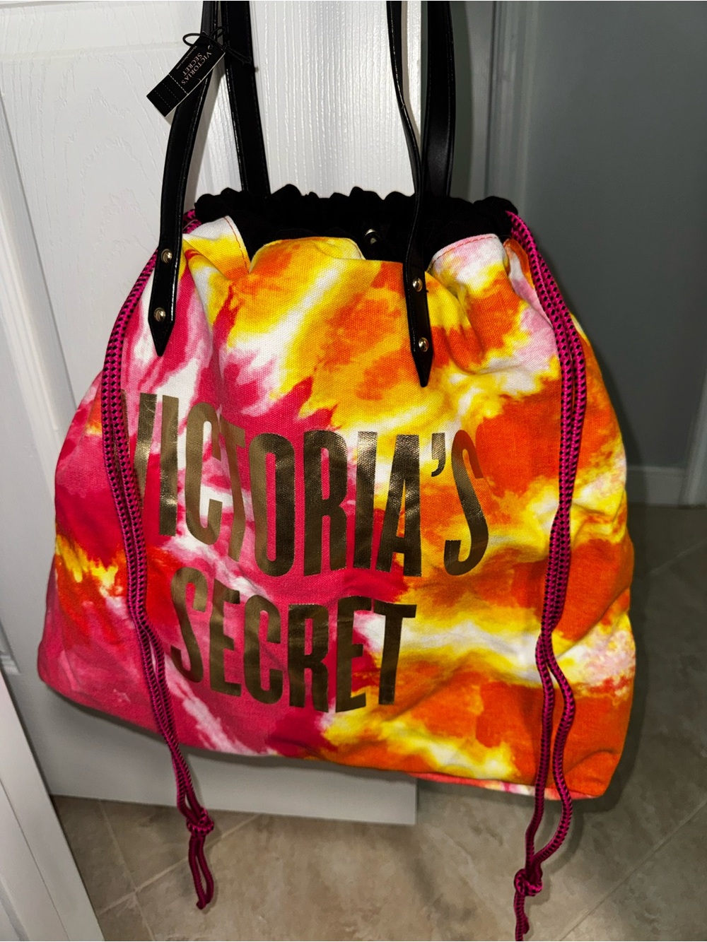 Victoria's Secret Tie-Dye Canvas Tote - Pink, Orange & Yellow - Picture 4 of 4